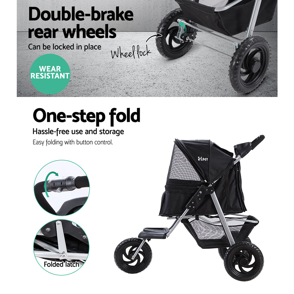 Pet Pram Cat or Dog 3 Wheel Pushchair Foldable Carrier Stroller - Black Homecoze