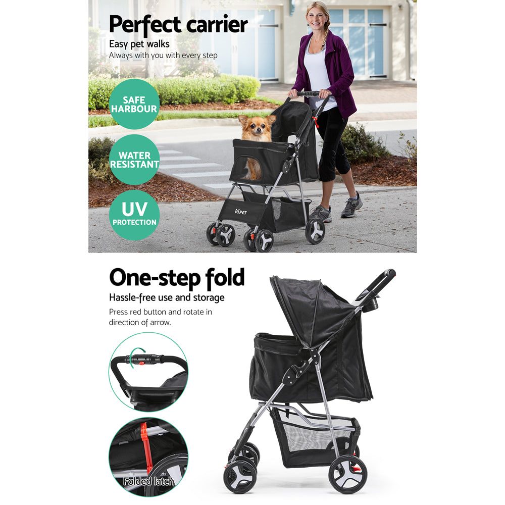 4 Wheel Pet Stroller Fur Baby Pram - Black Homecoze