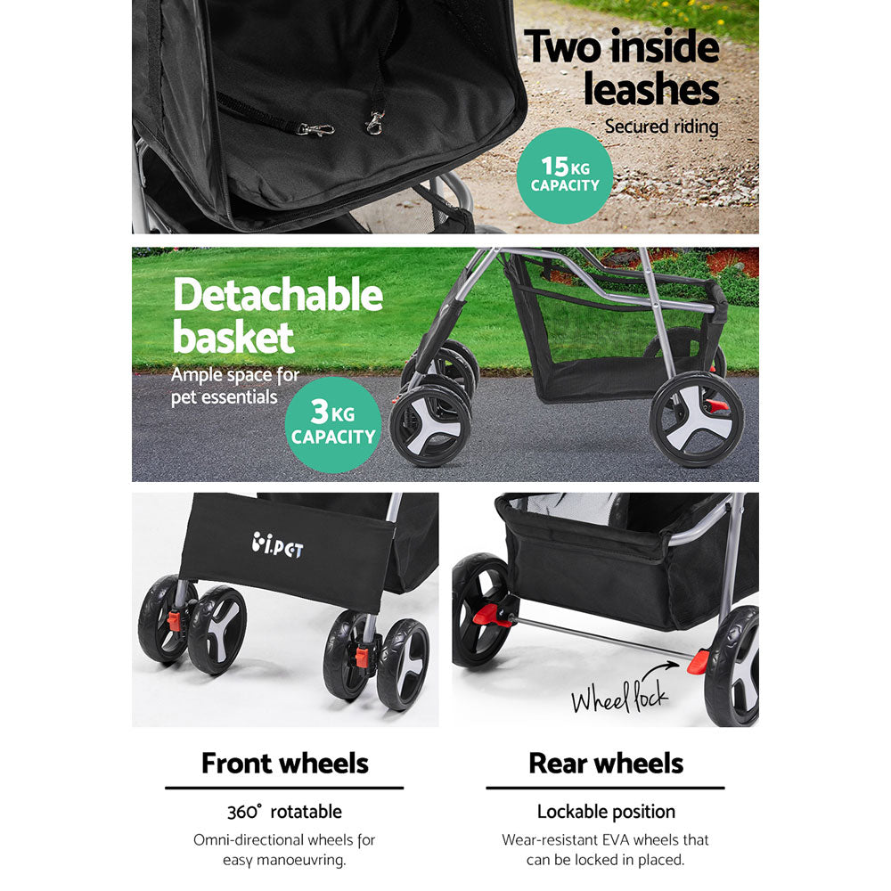 4 Wheel Pet Stroller Fur Baby Pram - Black Homecoze