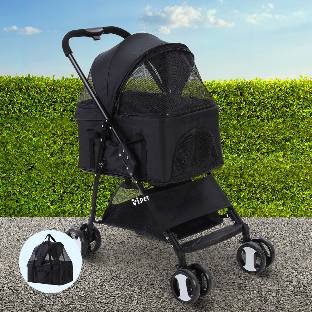Pet Pram Cat or Dog 3-in-1 Pushchair 4 Wheel Foldable Carrier Stroller - Black Homecoze