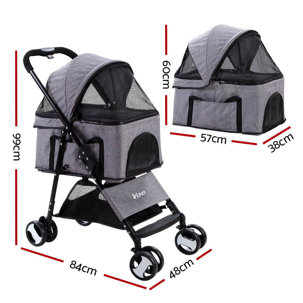 Pet Pram Cat or Dog 3-in-1 Pushchair Foldable Carrier Stroller - Grey Homecoze