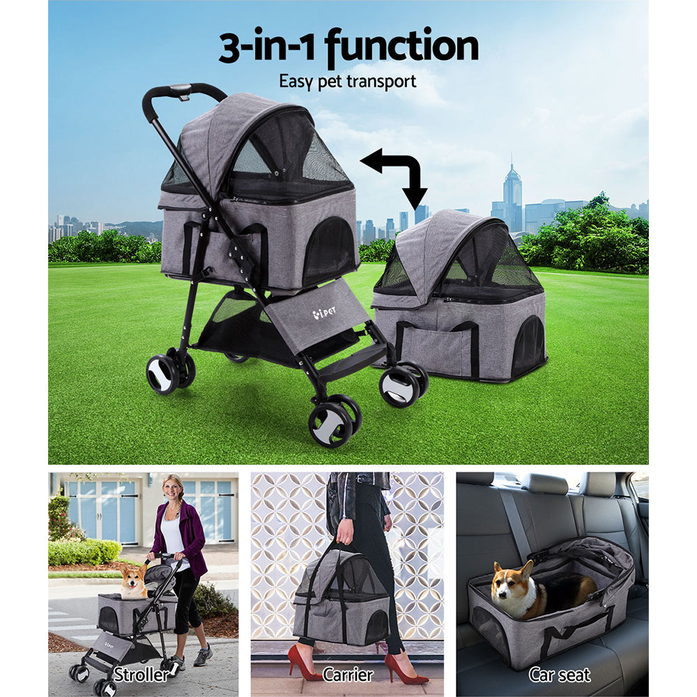 Pet Pram Cat or Dog 3-in-1 Pushchair Foldable Carrier Stroller - Grey Homecoze