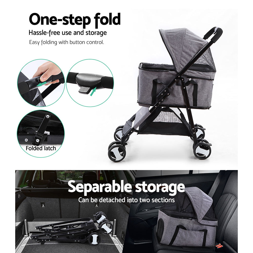 Pet Pram Cat or Dog 3-in-1 Pushchair Foldable Carrier Stroller - Grey Homecoze