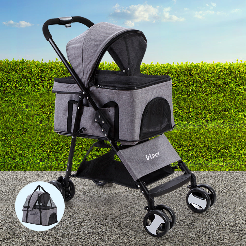 Pet Pram Cat or Dog 3-in-1 Pushchair Foldable Carrier Stroller - Grey Homecoze