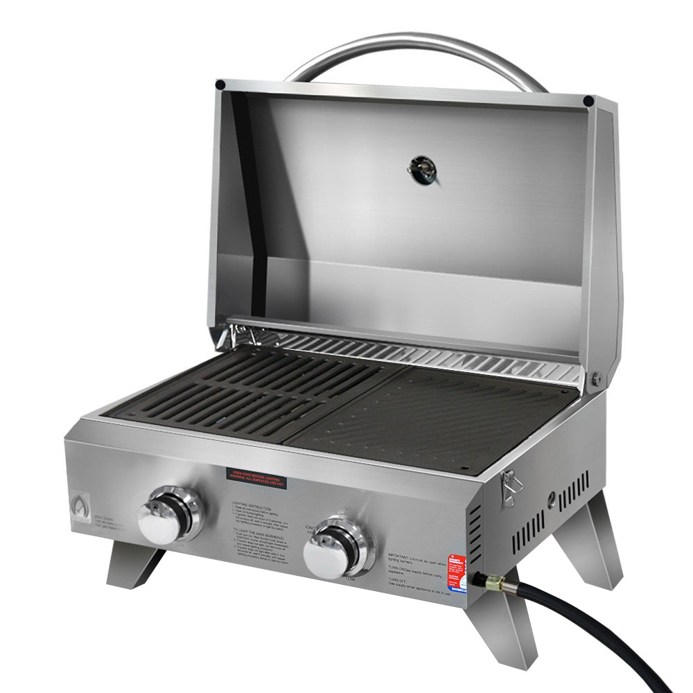 Stainless Steel Portable Gas LPG BBQ Twin Burner with Grill Plate Set Homecoze