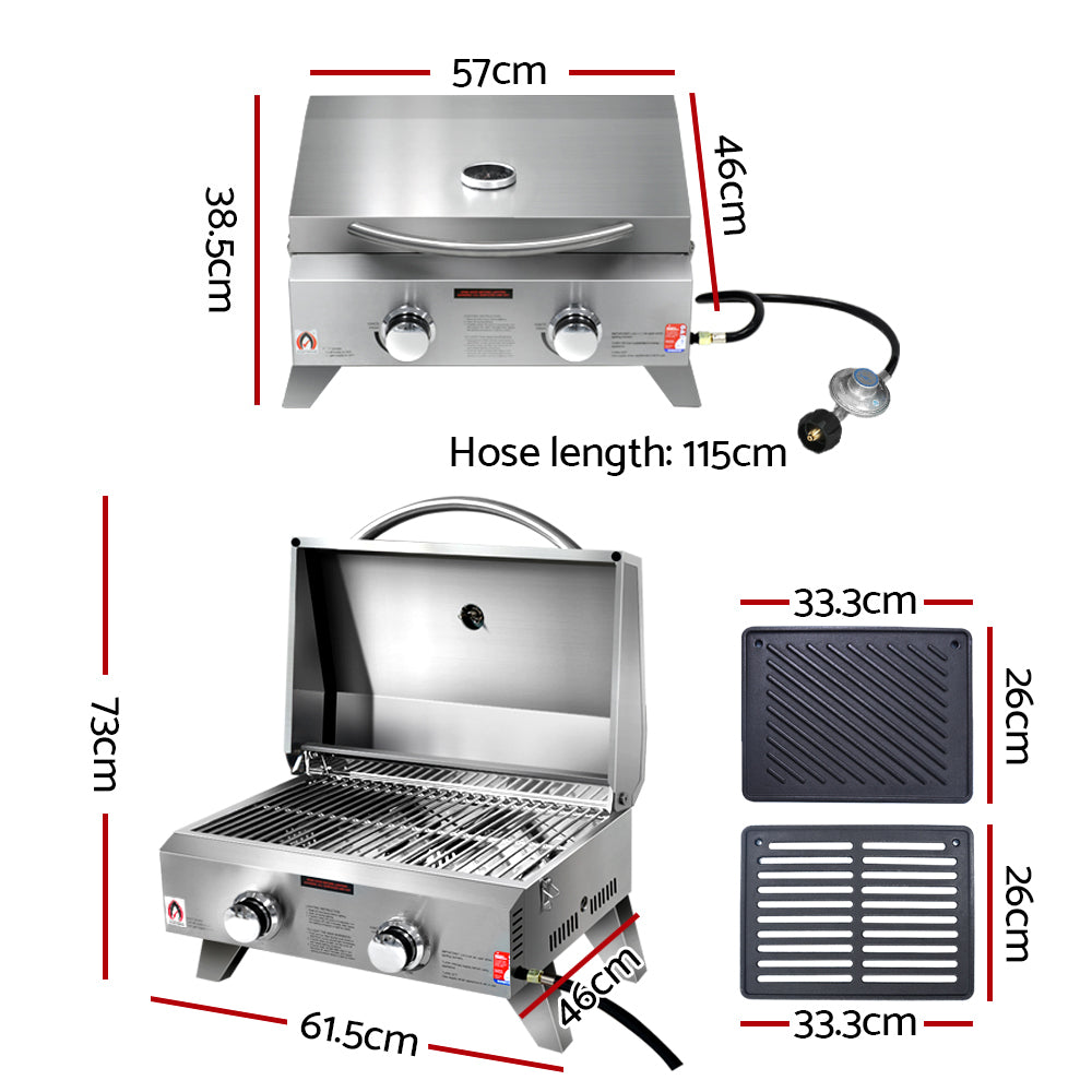 Stainless Steel Portable Gas LPG BBQ Twin Burner with Grill Plate Set Homecoze