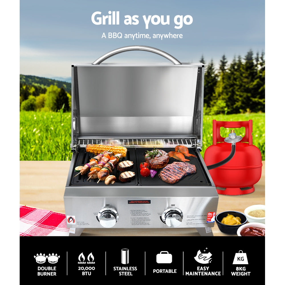 Stainless Steel Portable Gas LPG BBQ Twin Burner with Grill Plate Set Homecoze