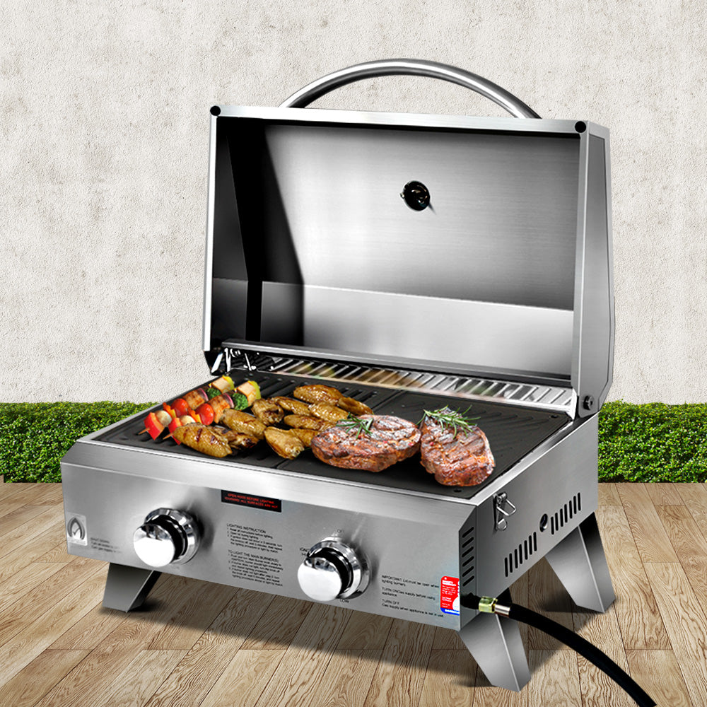 Stainless Steel Portable Gas LPG BBQ Twin Burner with Grill Plate Set Homecoze