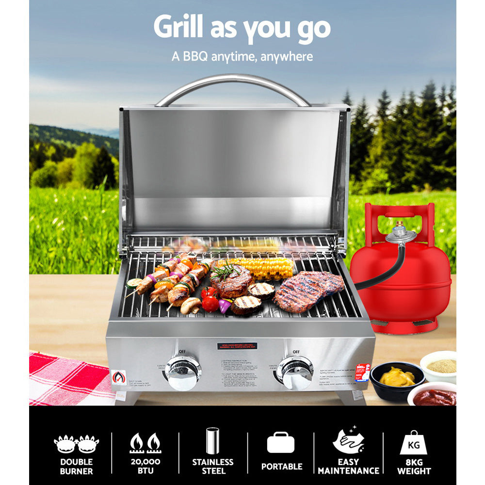 Stainless Steel Portable Gas LPG BBQ Twin Burner Mesh Grill Homecoze