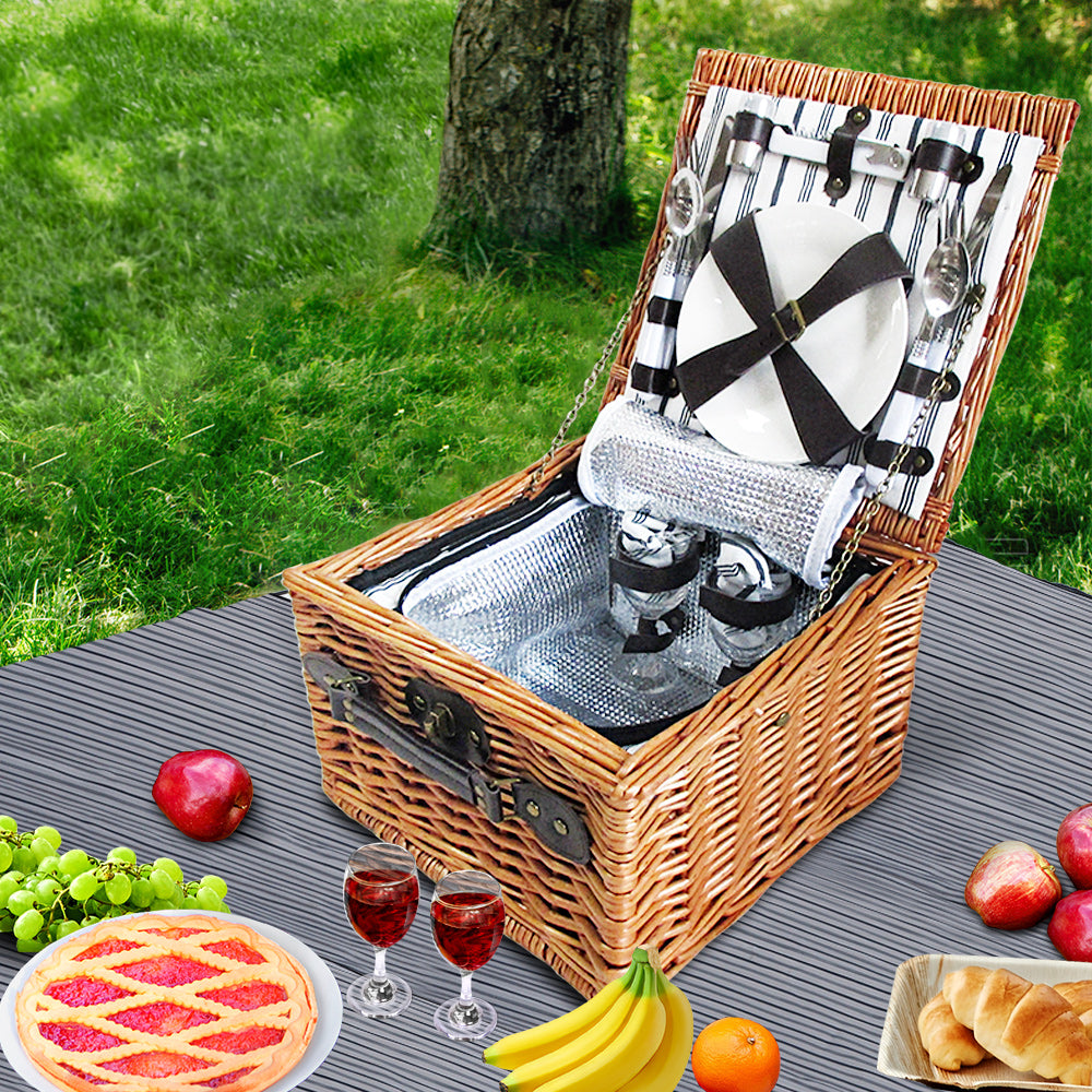2 Person Picnic Basket Set Baskets Vintage Outdoor Insulated Blanket Homecoze