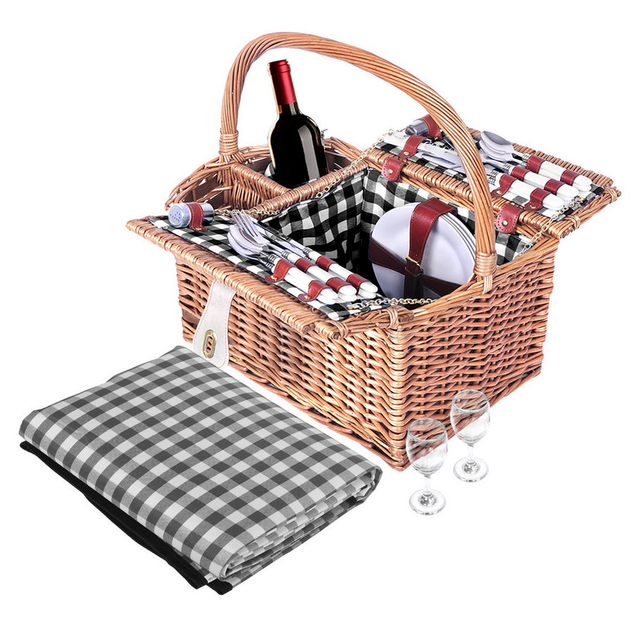 4 Person Picnic Basket Set Basket Outdoor Insulated Blanket Deluxe Homecoze