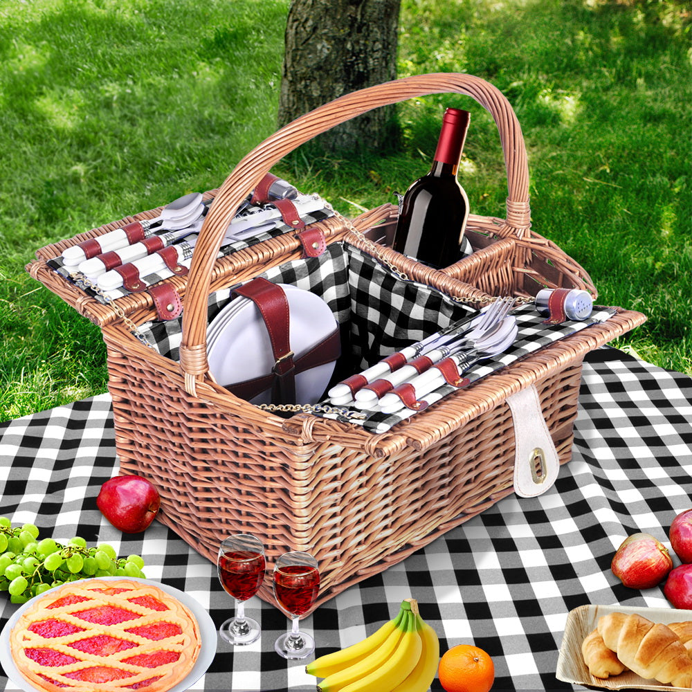 4 Person Picnic Basket Set Basket Outdoor Insulated Blanket Deluxe Homecoze