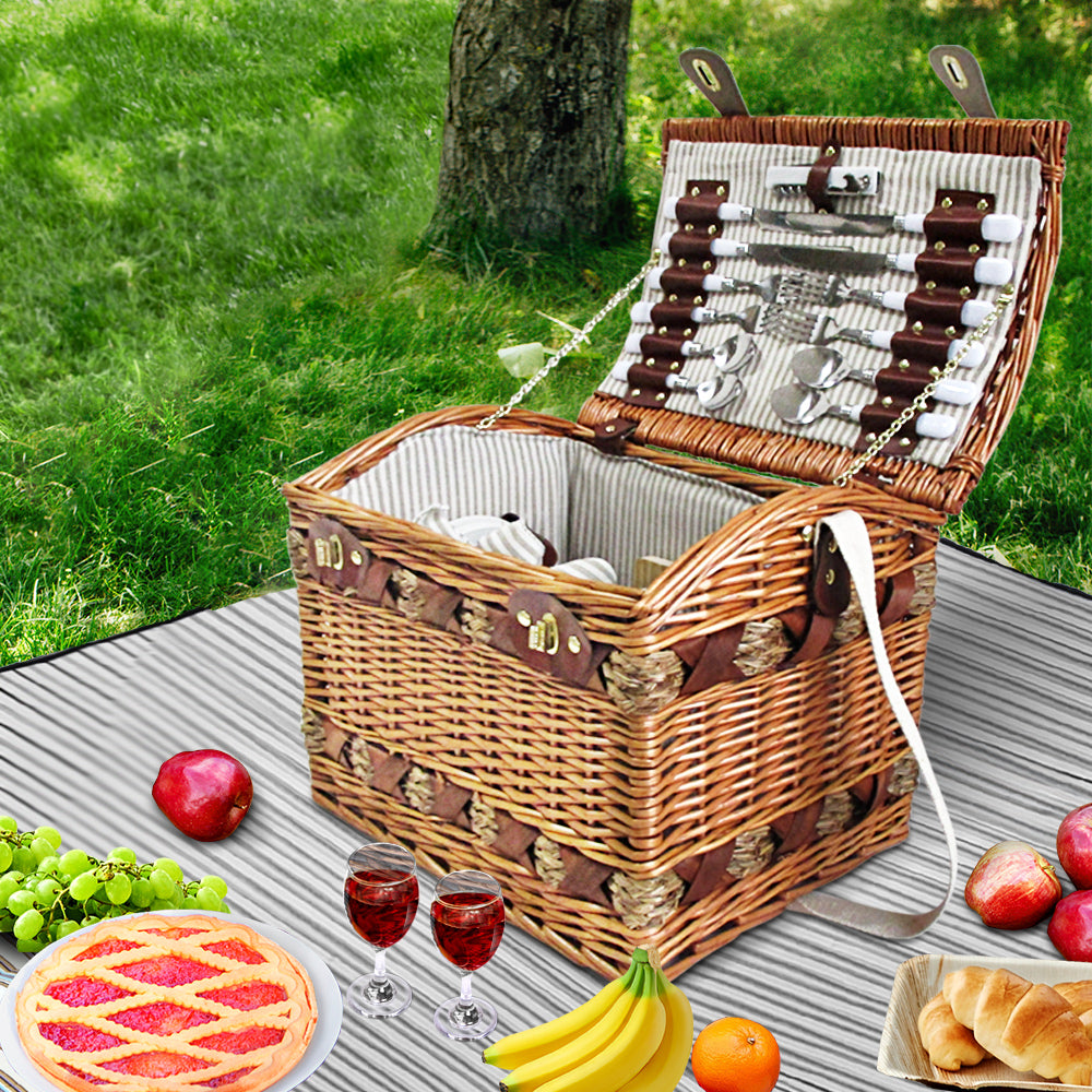 4 Person Picnic Basket Baskets Wicker Deluxe Outdoor Insulated Blanket Homecoze