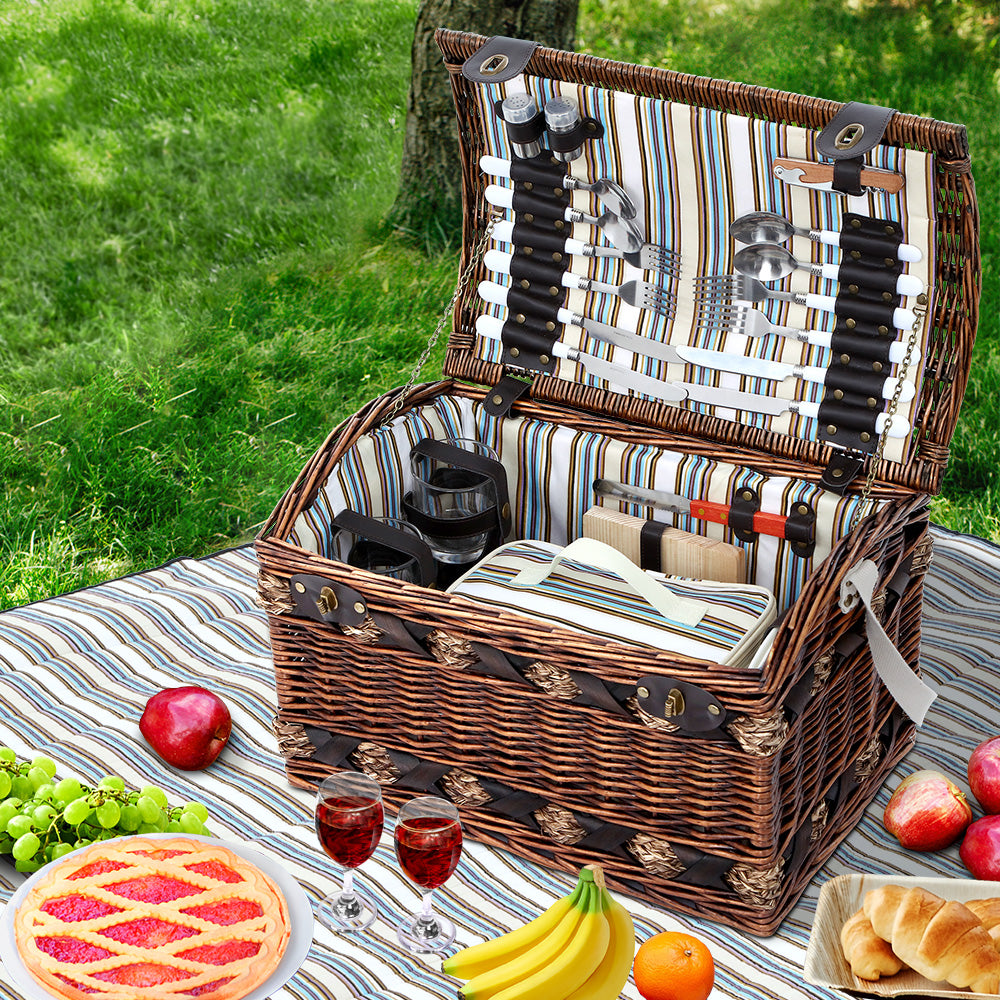 4 Person Picnic Basket Wicker Baskets Outdoor Insulated Gift Blanket Homecoze