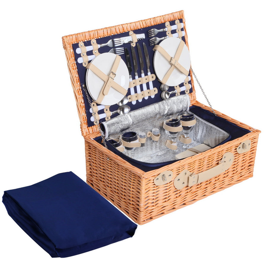 4 Person Picnic Basket Wicker Set Baskets Outdoor Insulated Blanket Navy Homecoze