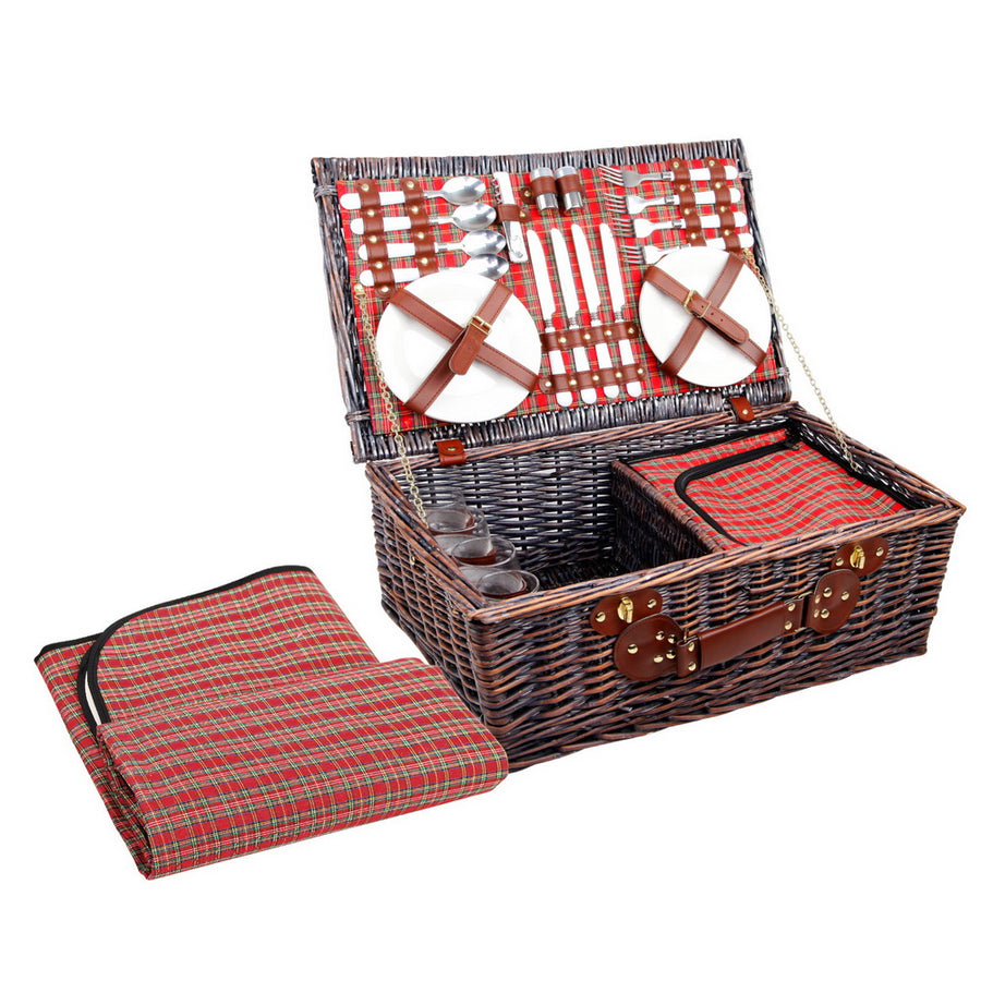 4 Person Picnic Basket Wicker Picnic Set Outdoor Insulated Blanket Homecoze