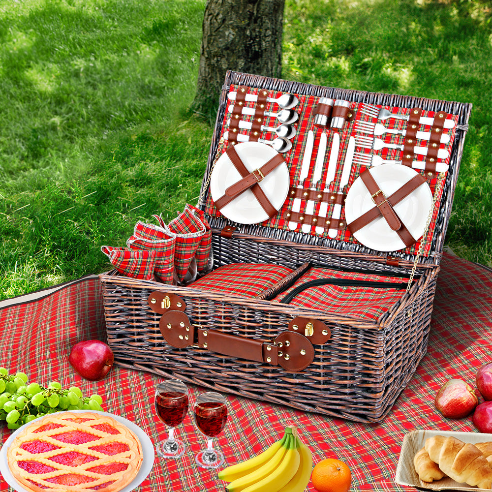 4 Person Picnic Basket Wicker Picnic Set Outdoor Insulated Blanket Homecoze