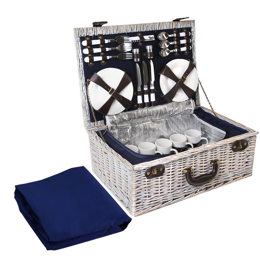 6 Person Picnic Basket Set Cooler Bag Wicker PU Fastening Straps Plates Homecoze