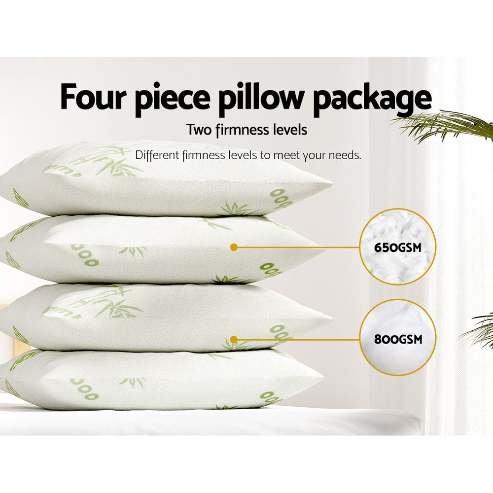 Set of 4 Hotel Style Bed Pillows Firm and Medium Firm Pack with Bamboo Cover Homecoze