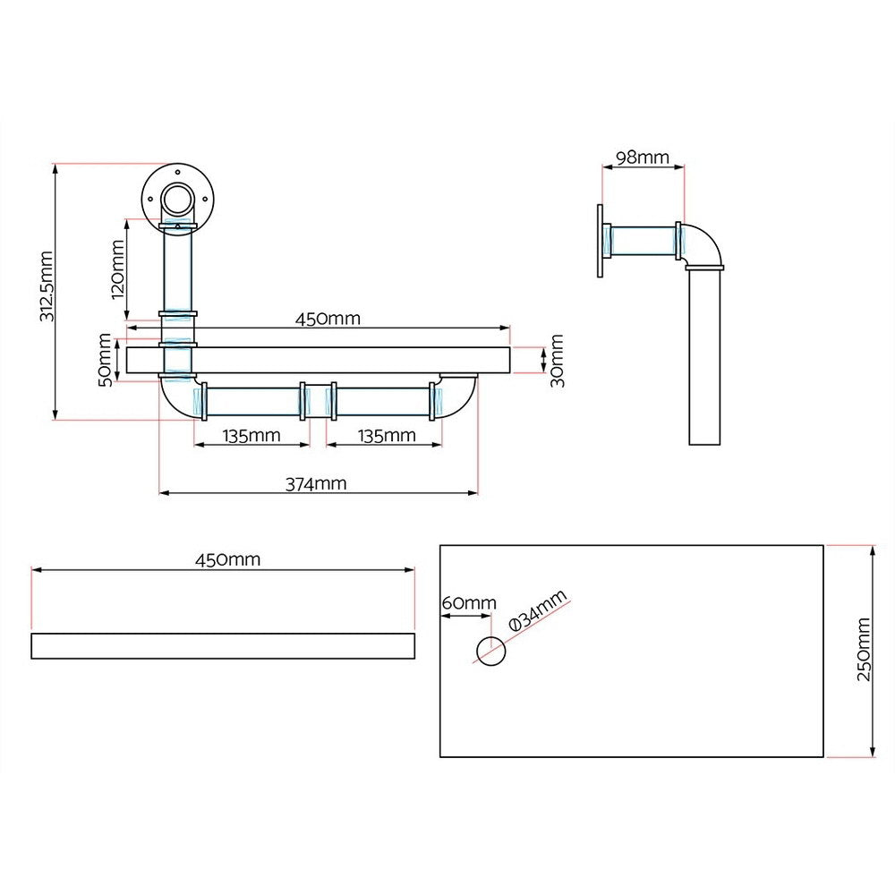 Industrial Series Pair of Single Metal Pipe Wall Shelves Set - Homecoze