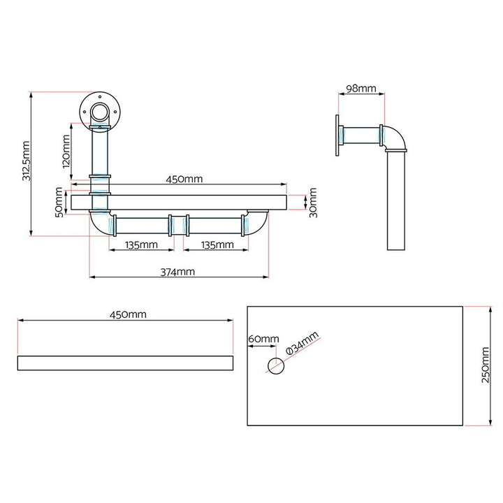 Industrial Series Pair of Single Metal Pipe Wall Shelves Set Homecoze