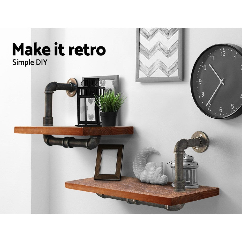 Industrial Series Pair of Single Metal Pipe Wall Shelves Set - Homecoze
