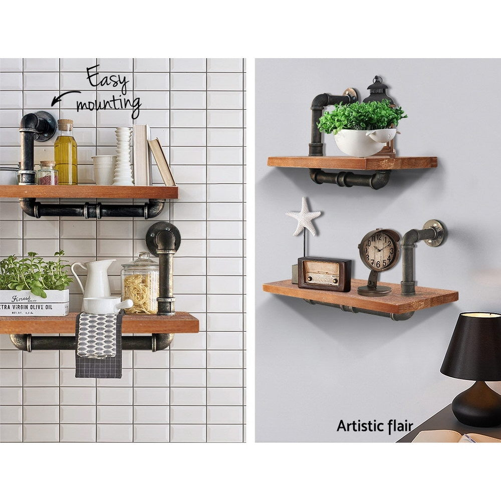 Industrial Series Pair of Single Metal Pipe Wall Shelves Set Homecoze