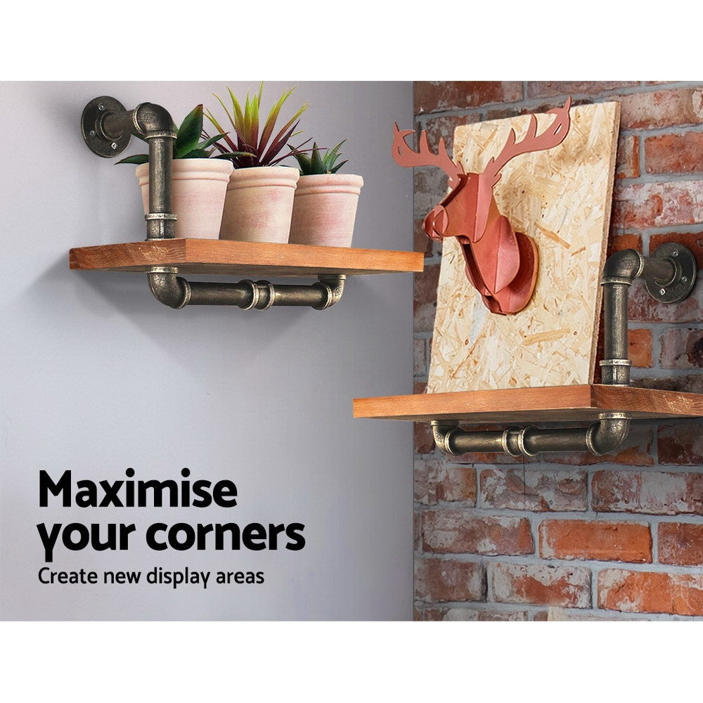 Industrial Series Pair of Single Metal Pipe Wall Shelves Set - Homecoze