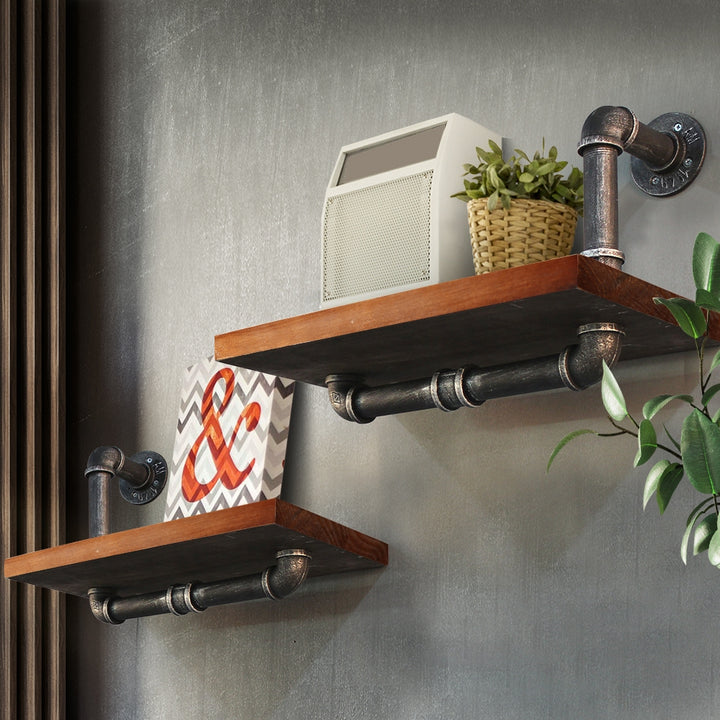 Industrial Series Pair of Single Metal Pipe Wall Shelves Set Homecoze