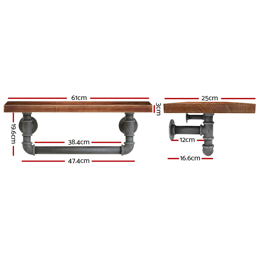 Industrial Series Metal Pipe Wall Shelf Set with Hanging Bar - Homecoze