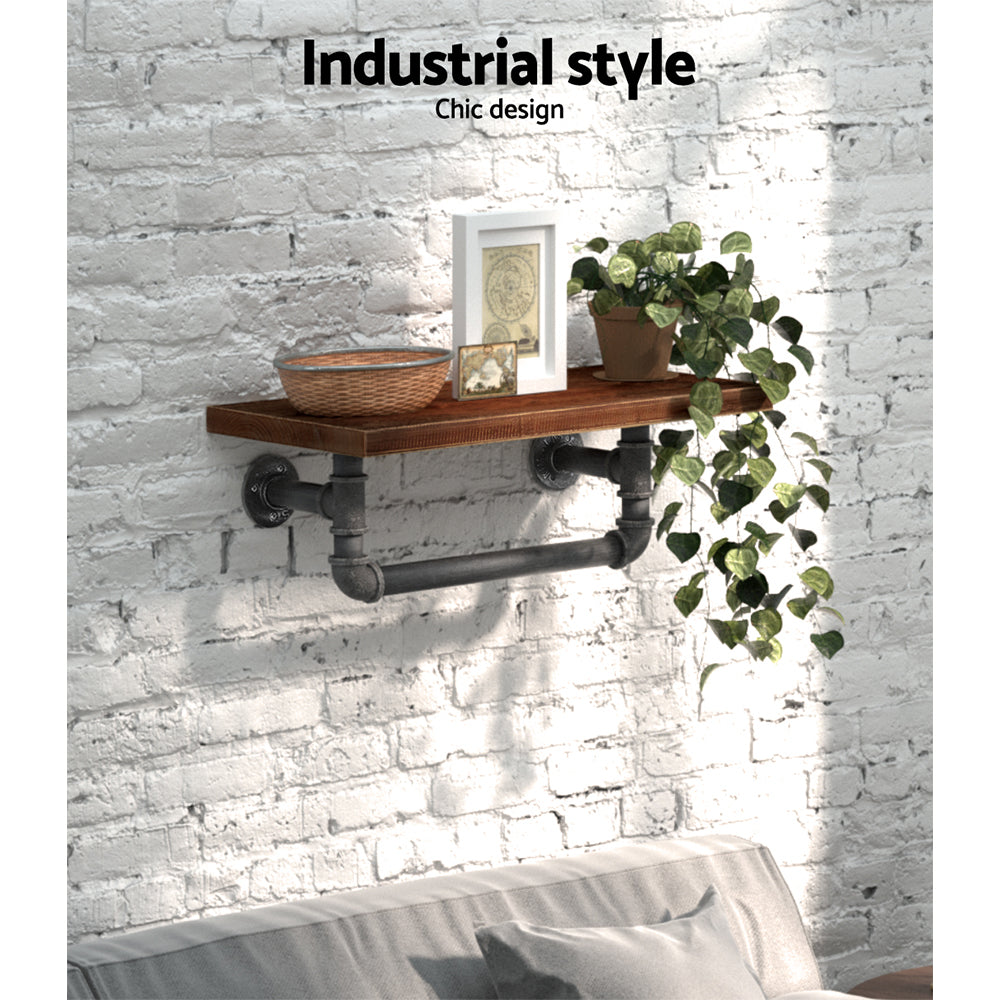 Industrial Series Metal Pipe Wall Shelf Set with Hanging Bar - Homecoze