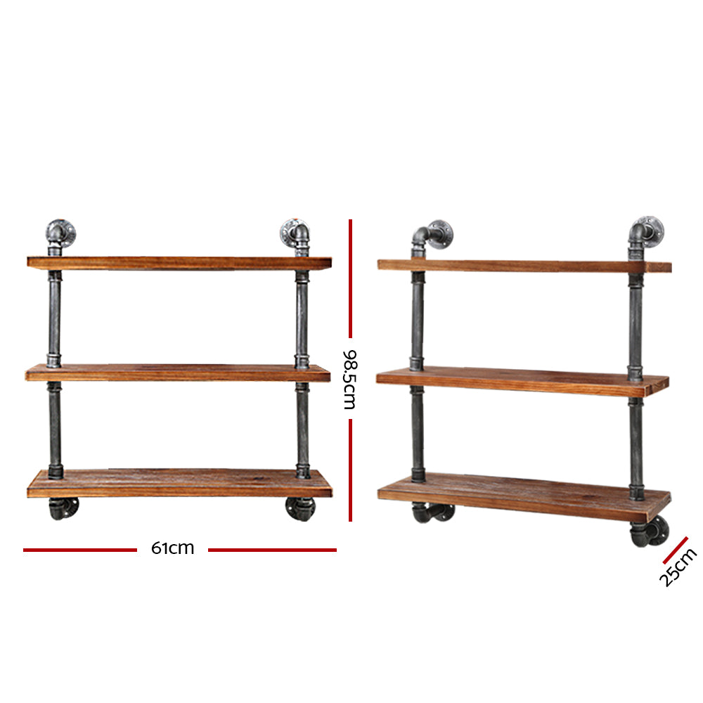 Industrial Series 3 Tier Medium Size Metal Pipe Wall Shelf Set Homecoze