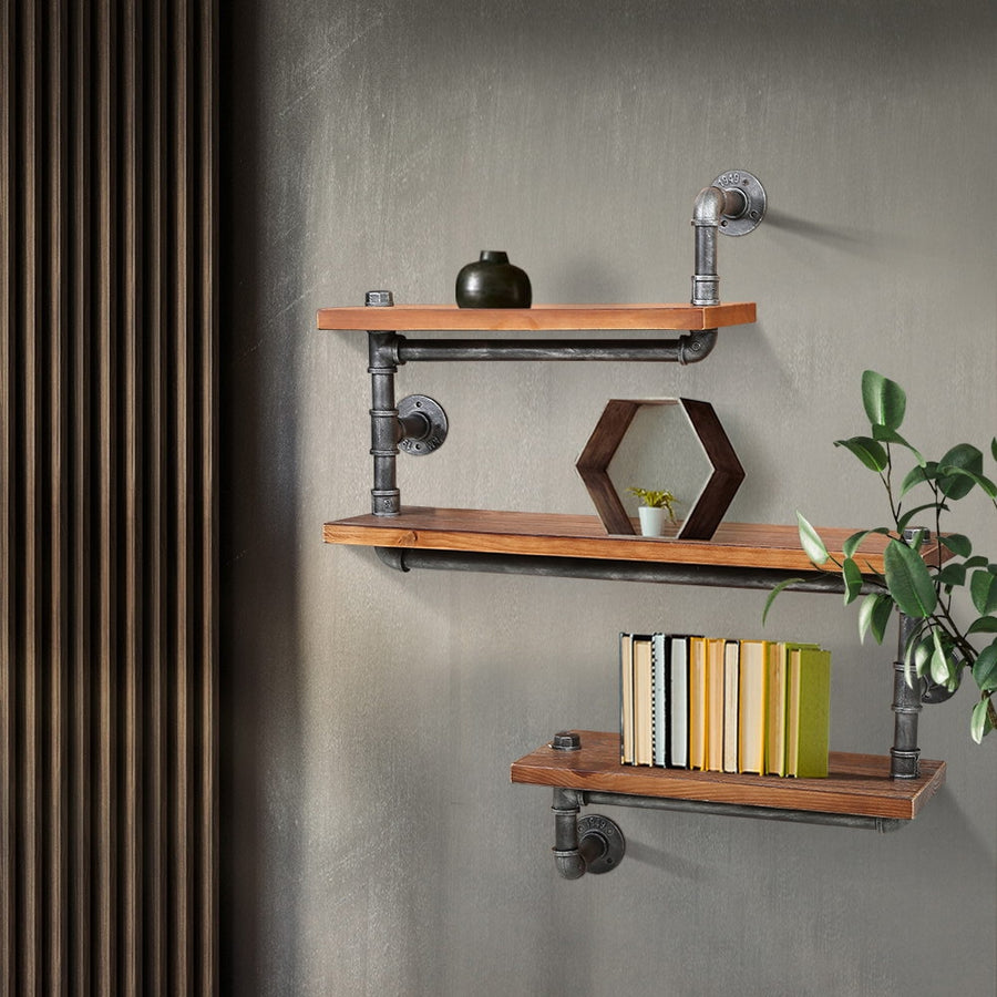 Industrial Series Snaking 3 Level Metal Pipe Wall Shelf Set Homecoze