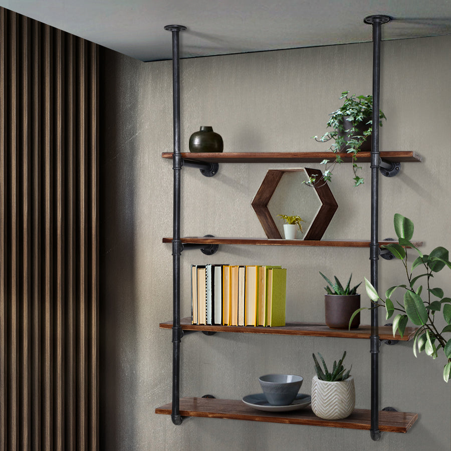 Industrial Series 4 Tier Hanging Style Metal Pipe Wall Shelf Set Homecoze