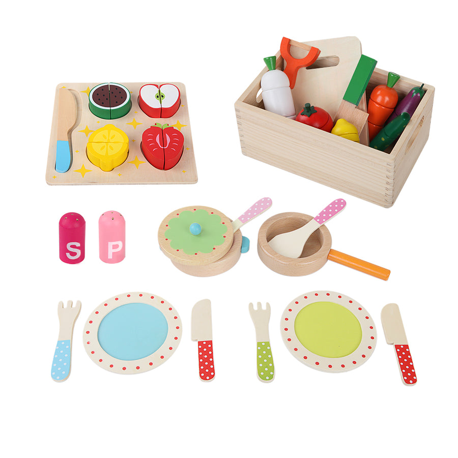 Kids Pretend Play Kitchen Wooden Cooking Utensils Food Set Homecoze