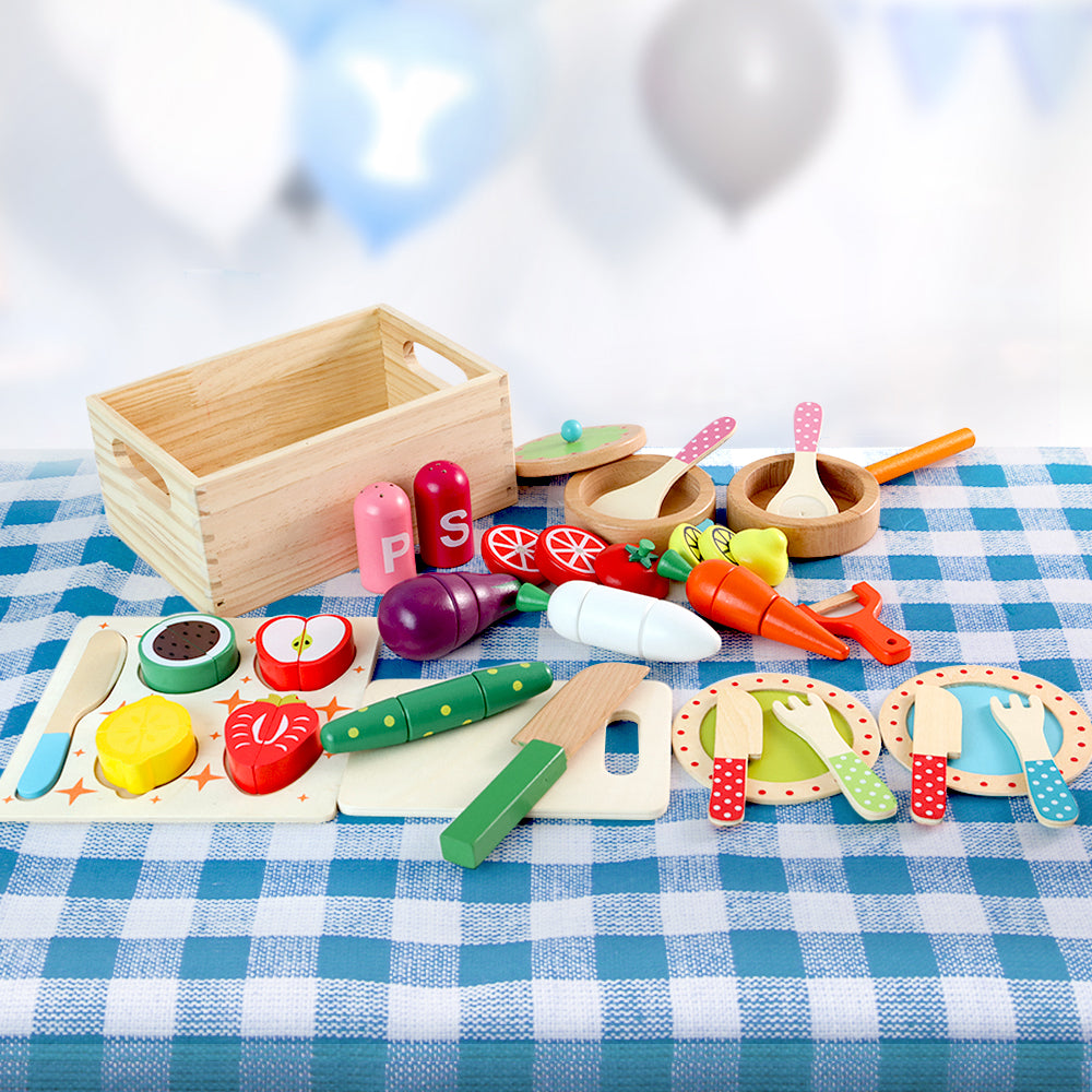 Kids Pretend Play Kitchen Wooden Cooking Utensils Food Set Homecoze