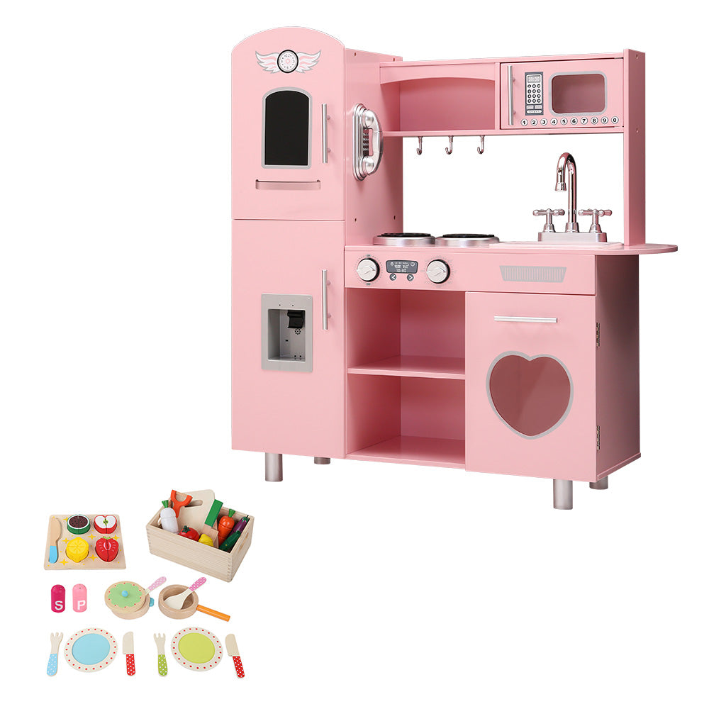 Kids Wooden Kitchen Pretend Play Sets Food Cooking Toys Children - Pink Homecoze