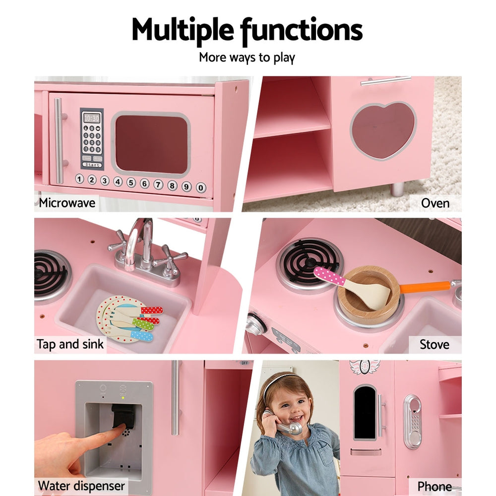 Kids Wooden Kitchen Pretend Play Sets Food Cooking Toys Children - Pink Homecoze