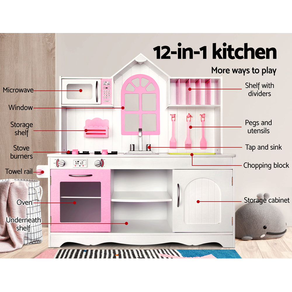 Kids Wooden Kitchen Play Set - White & Pink Homecoze