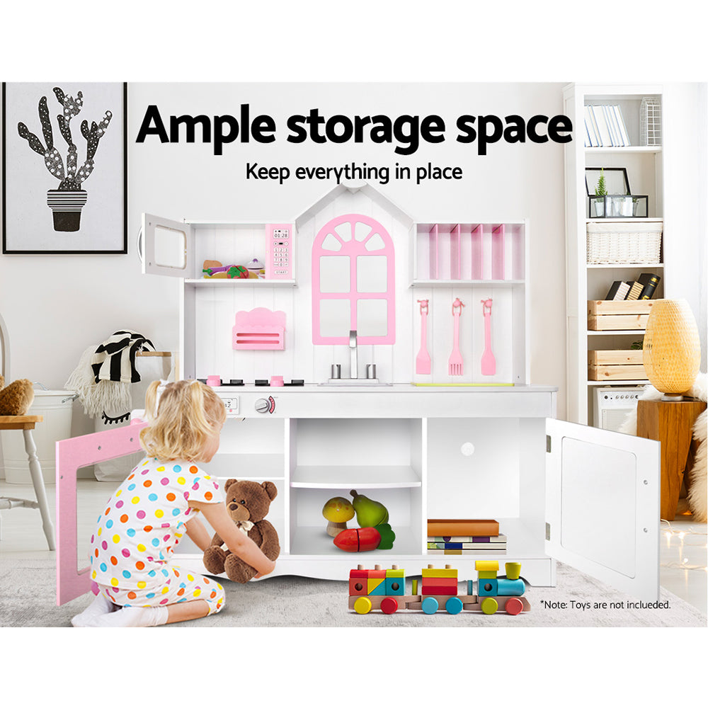 Kids Wooden Kitchen Play Set - White & Pink Homecoze