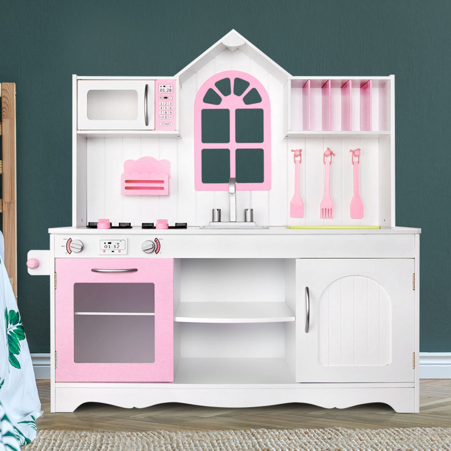 Kids Wooden Kitchen Play Set - White & Pink Homecoze