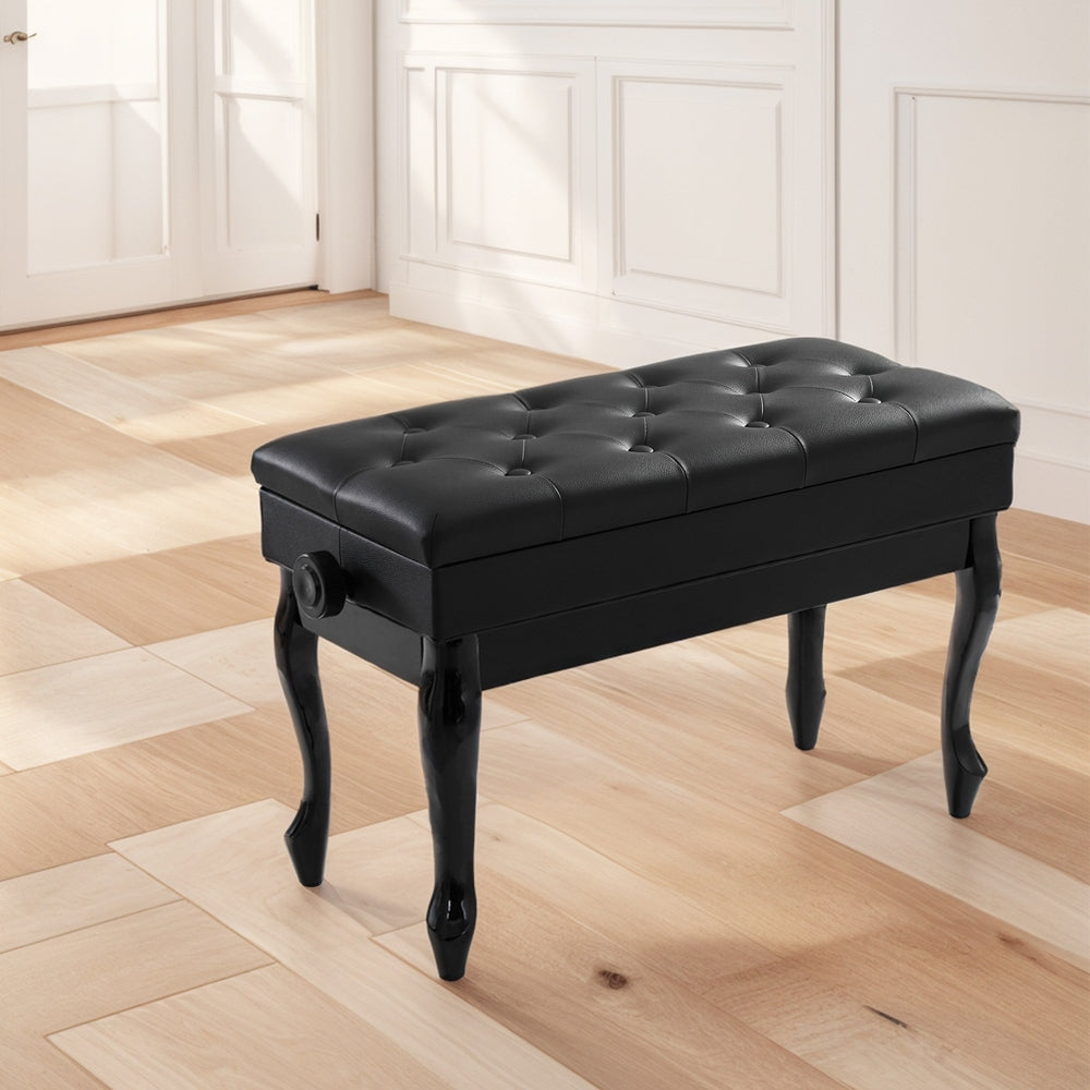 Classic Piano Stool PU Leather Adjustable Height Storage Seat - Black