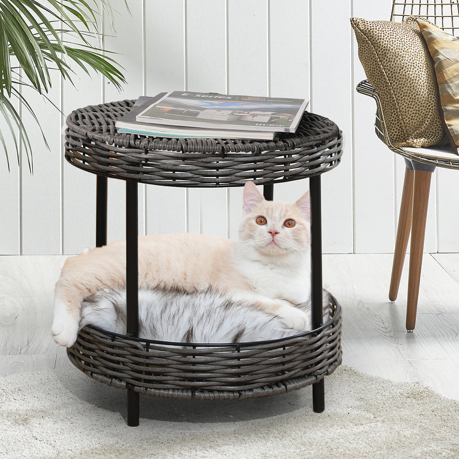 Wicker Basket Elevated Cats Pet Bed Modern 2 Tier Side Table Design Homecoze
