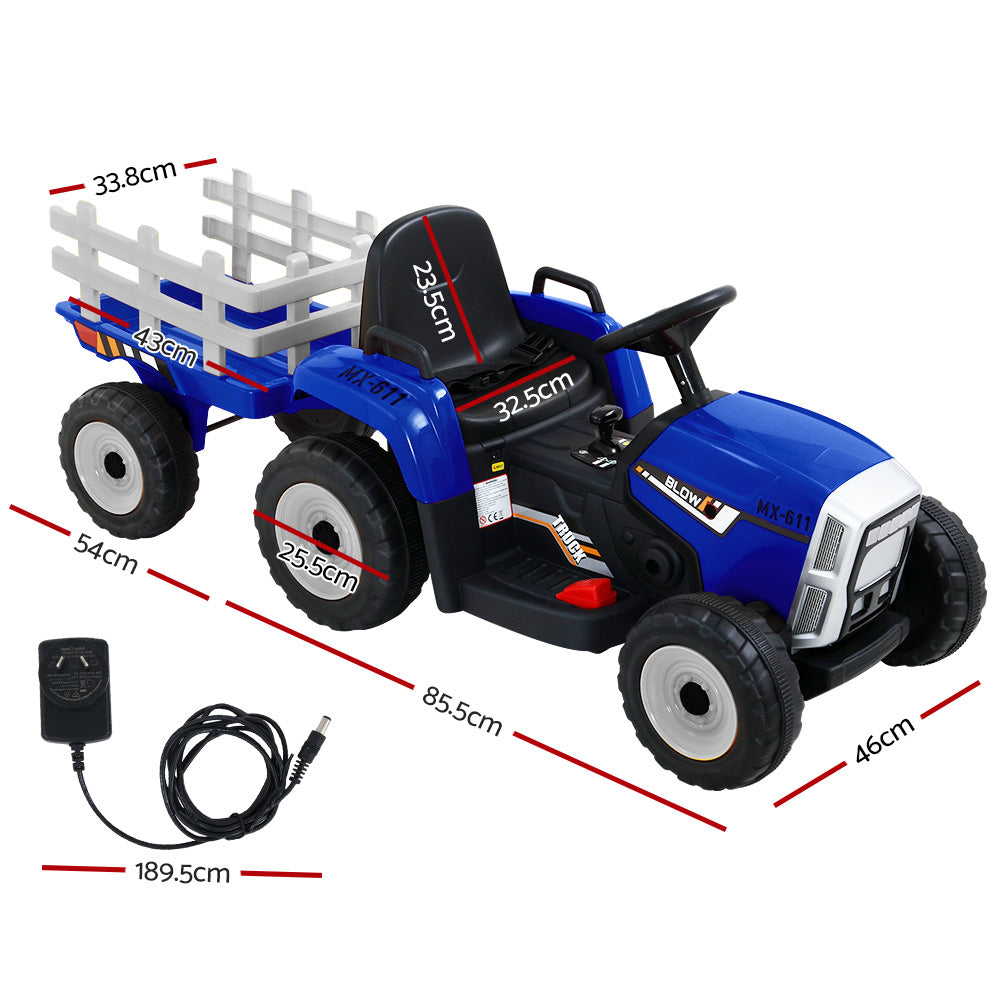 Ride On Car Tractor Trailer Toy Kids Electric Cars 12V Battery Blue Homecoze