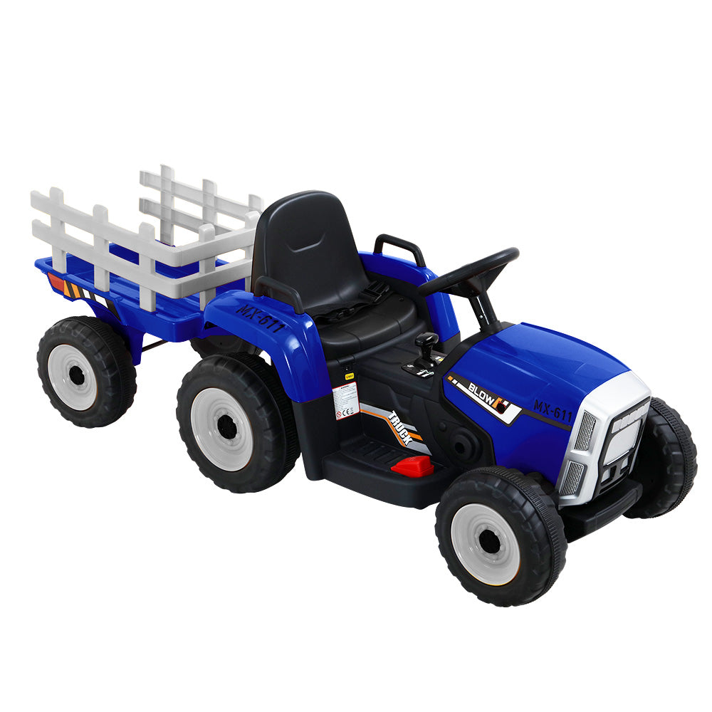 Ride On Car Tractor Trailer Toy Kids Electric Cars 12V Battery Blue Homecoze