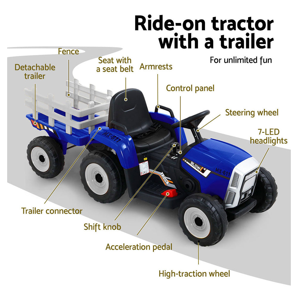 Ride On Car Tractor Trailer Toy Kids Electric Cars 12V Battery Blue Homecoze