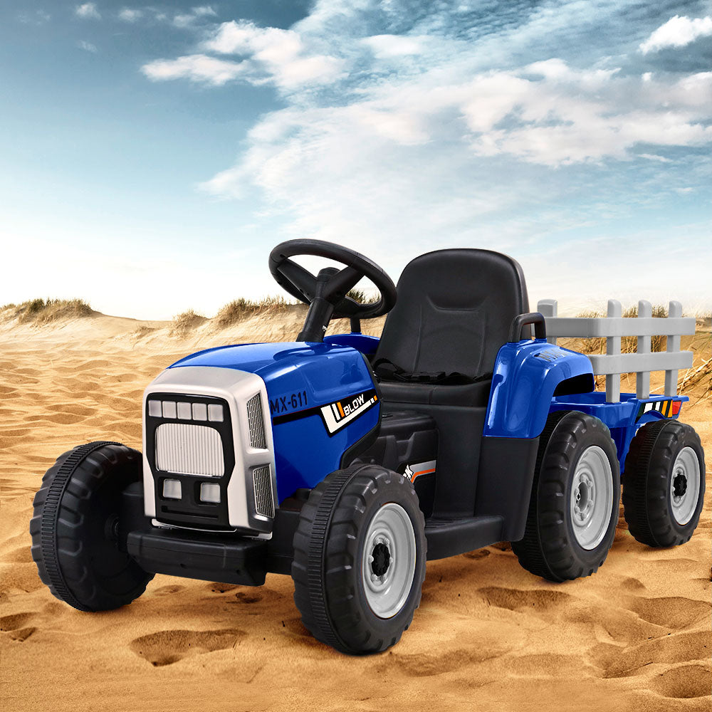 Ride On Car Tractor Trailer Toy Kids Electric Cars 12V Battery Blue Homecoze