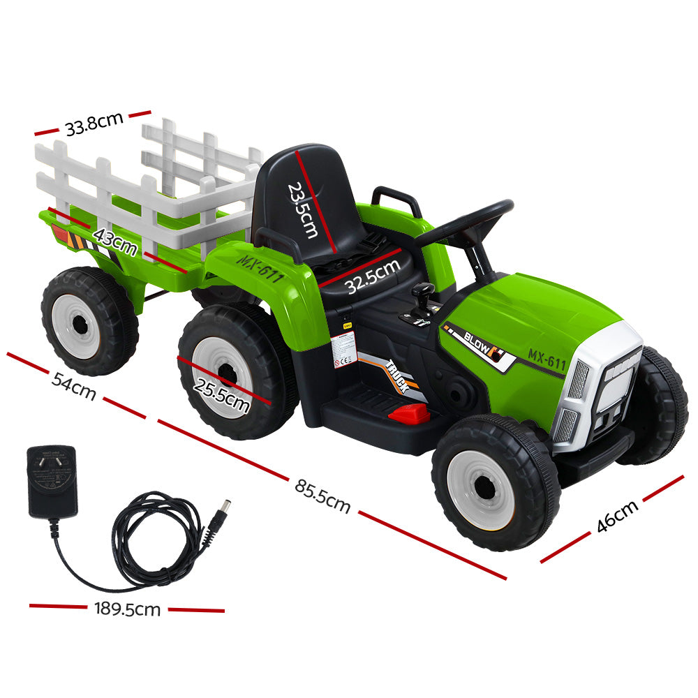 Ride On Car Tractor Trailer Toy Kids Electric Cars 12V Battery Green Homecoze