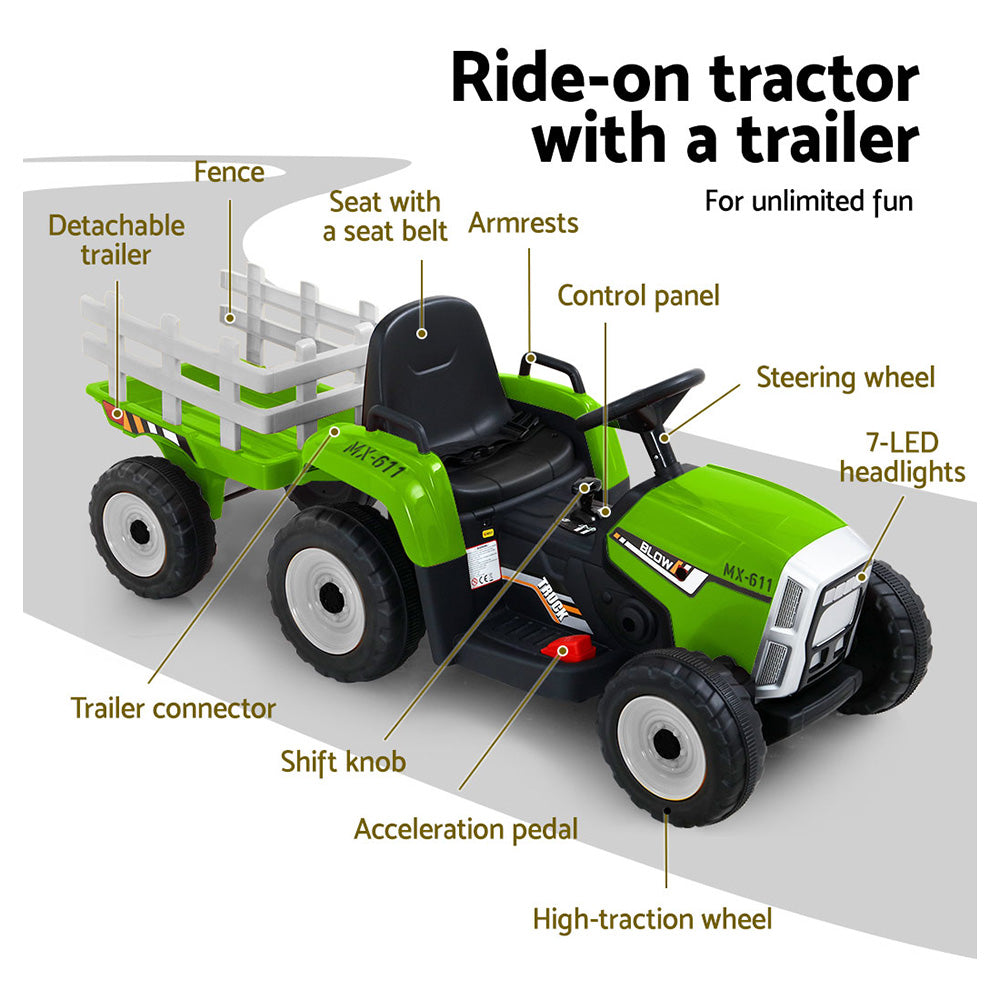 Ride On Car Tractor Trailer Toy Kids Electric Cars 12V Battery Green Homecoze