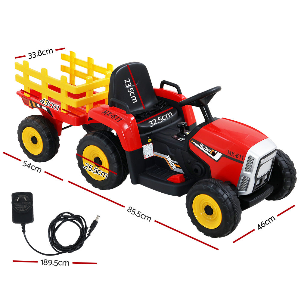 Ride On Car Tractor Trailer Toy Kids Electric Cars 12V Battery Red Homecoze